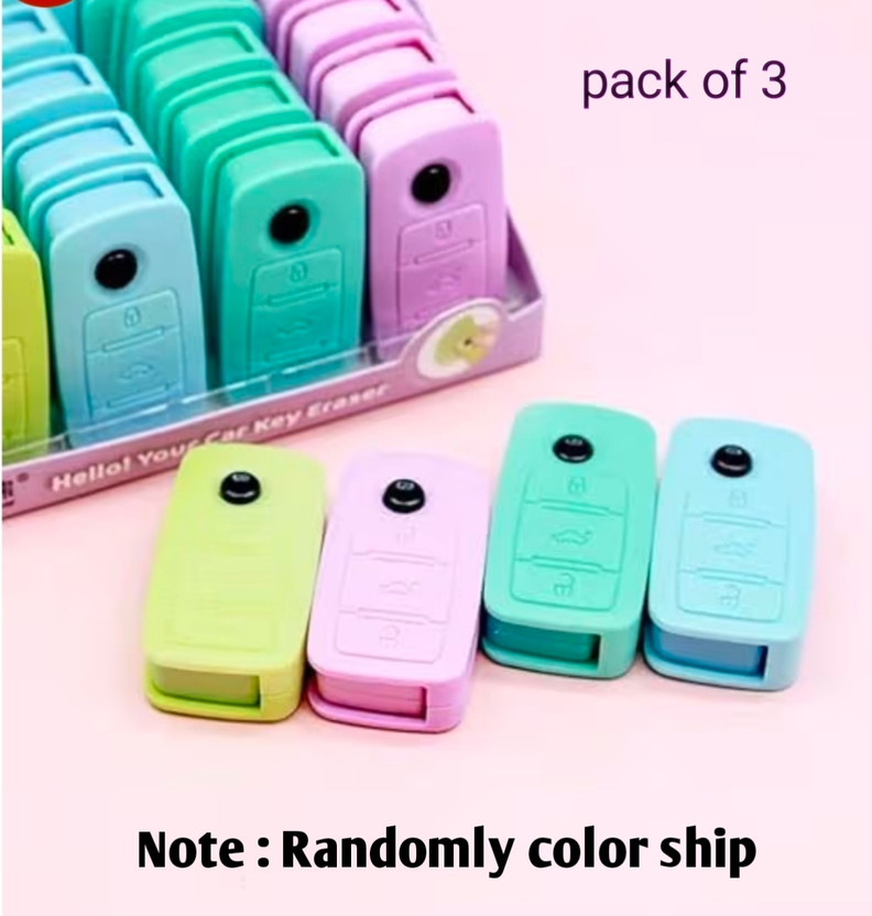 Arika ecommerce Arika Car Key Shape Eraser Set of 3 | Kids & Students | Random Colour Ship Non-Toxic Eraser(Set of 4, Multicolor)