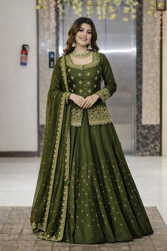 Trivety Embroidered Stitched Lehenga & Kurta(Dark Green)