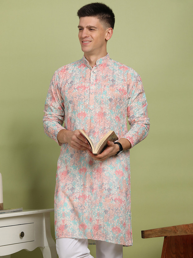 FUBAR Men Chikan Embroidery Straight Kurta(Pink)