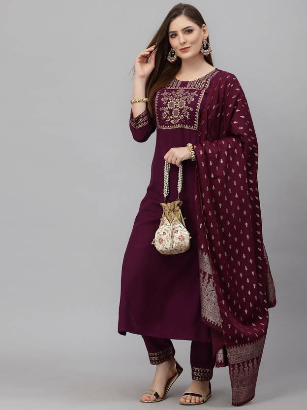 Set Kurta E Pantaloni Donna KLOSIA - Ricamato Con Dupatta, Viscosa, Grigio