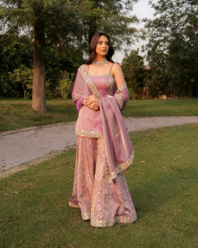 ELIINDRA Embroidered Kurta, Sharara & Dupatta Set