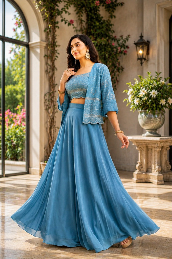 Karma Enterprise Women Crop Top Palazzo Ethnic Jacket Set
