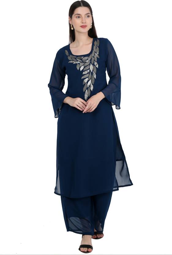 RangMahal Ensemble Indien Femme Kurta Palazzo Dupatta - Coton Brodé Pur, Confort Traditionnel Chic