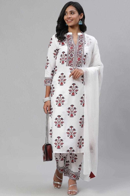 Intricate White Colored Casual Wear Cotton Kurti With Dupatta
