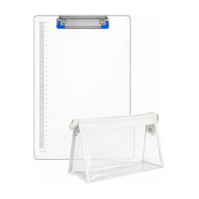 GLITREEPROPS Transparent A4 Clipboard with Ruler Markings & Clear Zipper Pouch Set(Set of 1, White)