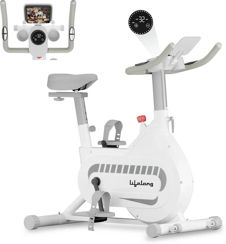 Lifelong Fit Pro Spin Bike with 8Kg Flywheel| Adjustable Resistance| Heart Rate Sensor Upright Stationary Exercise Bike (White)