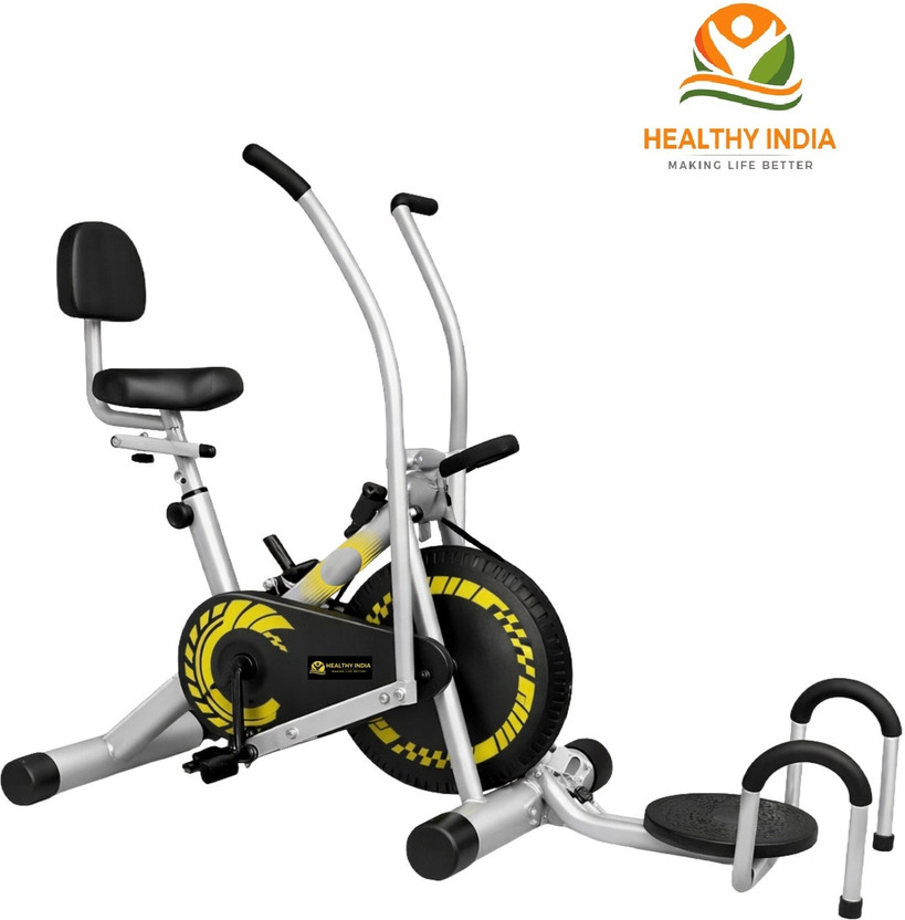 HEALTHYINDIA Exercise Bike Moving Handle Twister Pushup Backrest, Resistance & Display Meter Dual-Action Stationary Exercise Bike(Silver, Yellow)