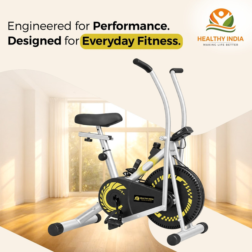 HEALTHYINDIA Exercise Bike Moving Handle Cardio Workout with Resistance & Display Meter Dual-Action Stationary Exercise Bike(Silver, Yellow)