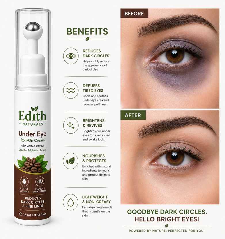Edith Naturals Under Eye Roll on With Vitamin E- No Dark Circles | Puffiness & Wrinkles(15 ml)