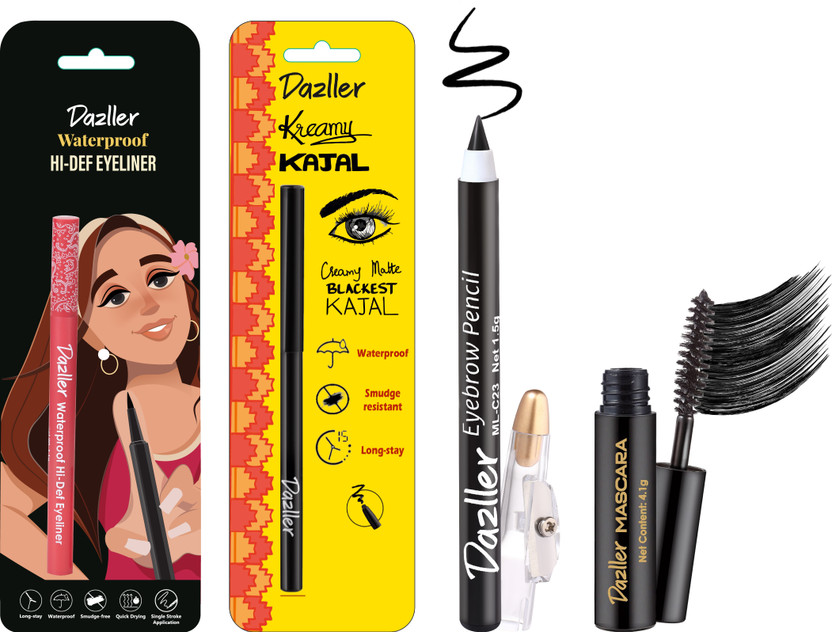 Dazller Dazller Eye Essential Hi-Def Eyeliner + Kreamy Kajal, 0.35g + Mascara, 4.1g + Eyebrow, 6.45 g(Black) - Flipkart Deal