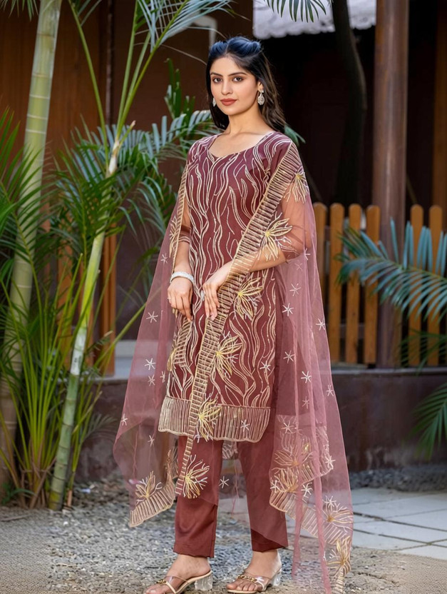 FUSIONVALLEY Net/Lace Embroidered Salwar Suit Material