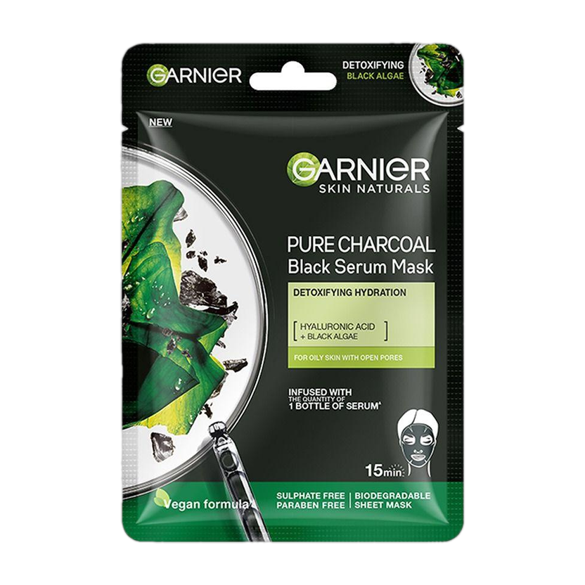 GARNIER Skin Naturals, Charcoal, Face Serum Sheet Mask, Purifying and Hydrating(28 g)