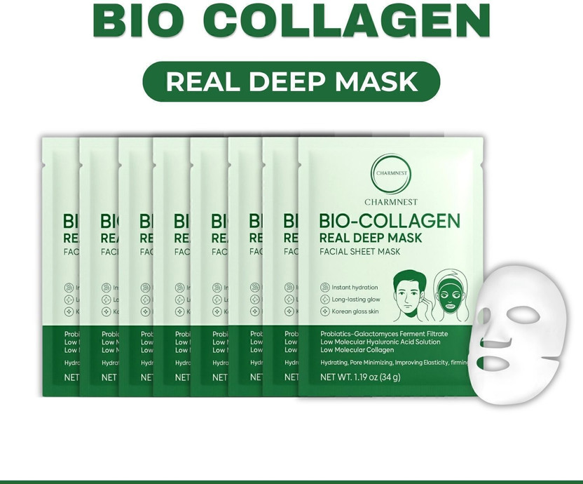 CHARMNEST Bio Collagen Real Deep Hydrating Facial Sheet Mask – Pack of 8(272 g)