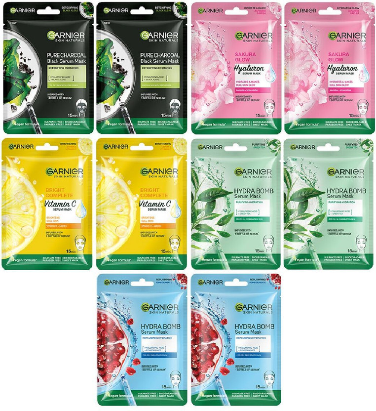 GARNIER Sheet Mask Pack Of 10 (Vit C +Sakura+Charcoal+Hydra+Green Tea) PO10(280 g)
