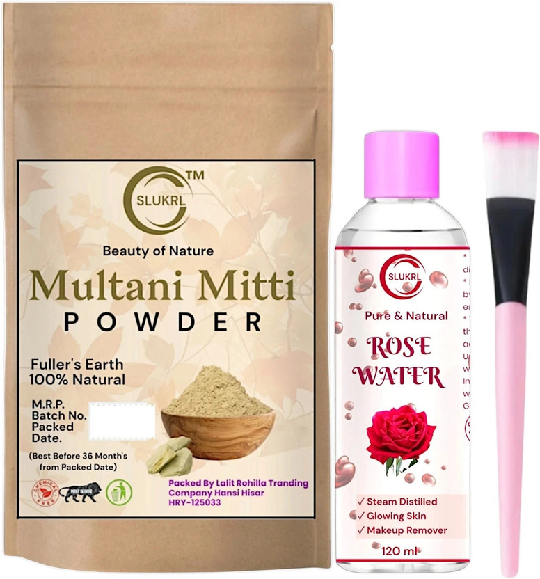 slukrl Multani Mitti face Powder+Rose Water/Gulab Jal+Single Stick Brush Combo Pack(320 g)
