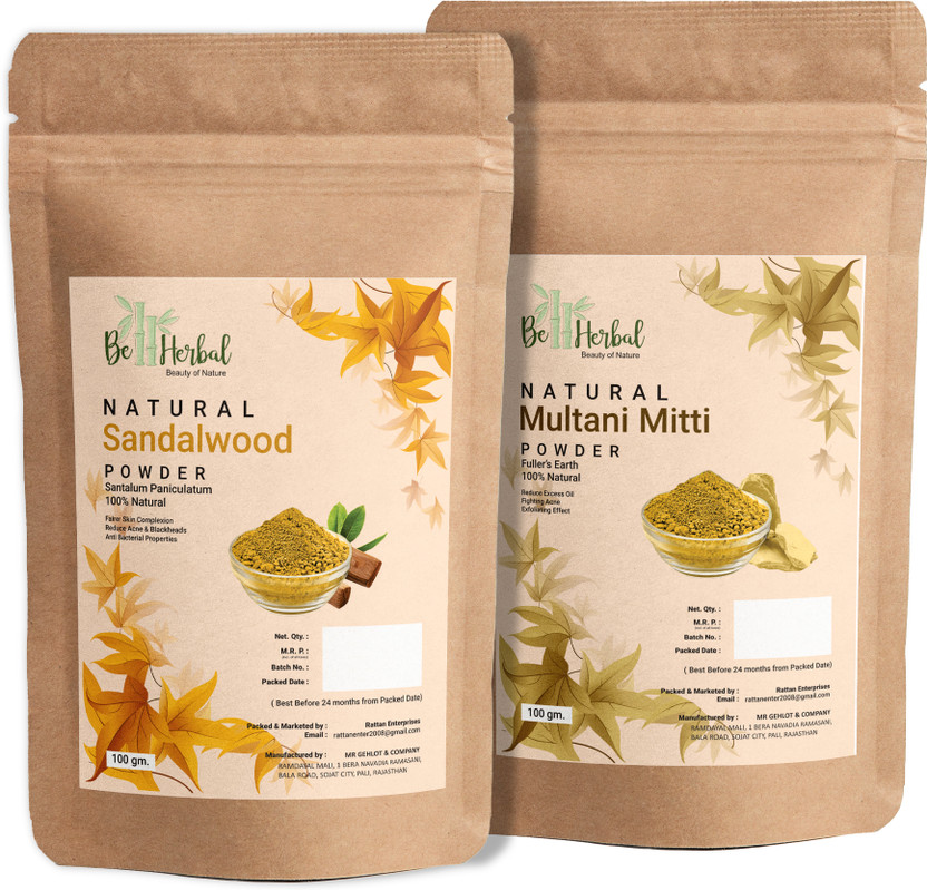 BE HERBAL Sandalwood + Multani Mitti Powder For Face pack Combo Set 100% Natural (2 in 1)(200 g)