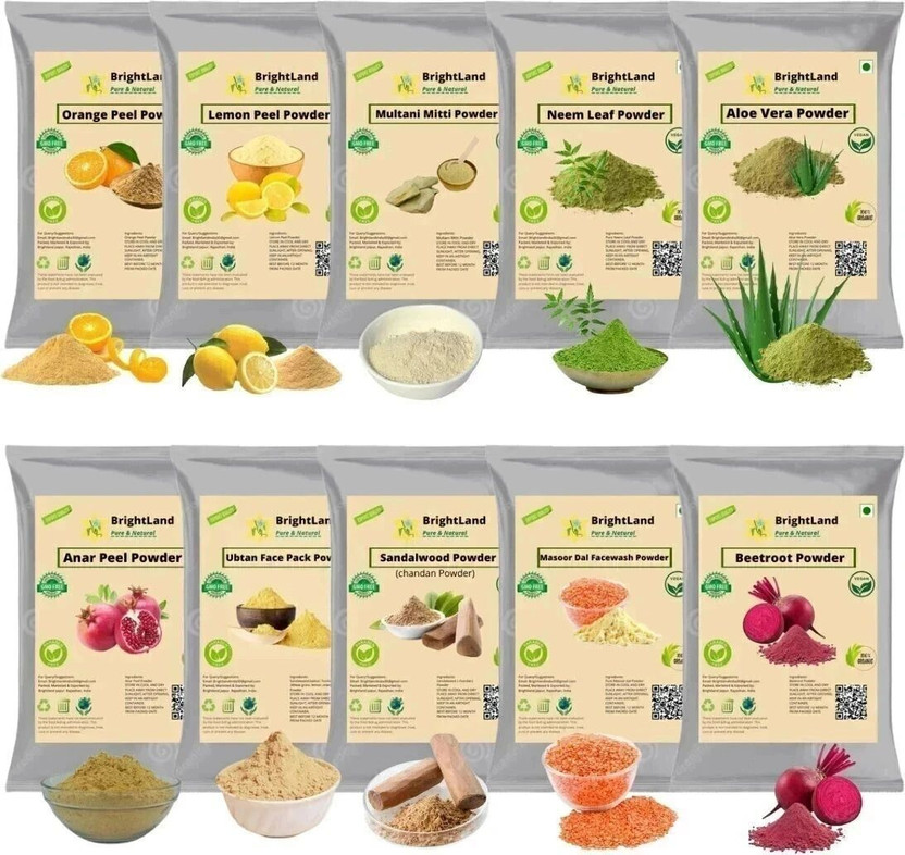 Brightland Combo of Glowing skin & pimples 40Gm Orange Fruit powder 40gm Lemon peel powder 40gm Multani mitti powder 40gm Neem powder 40gm alovera powder 40gm Anar peel powder 40gm Ubtan 40gm Sandalwood (chandan) powder 40gm Masoor Dal powder 40gm Beetroot powder ( 2 Filter clean powder )(400 g)