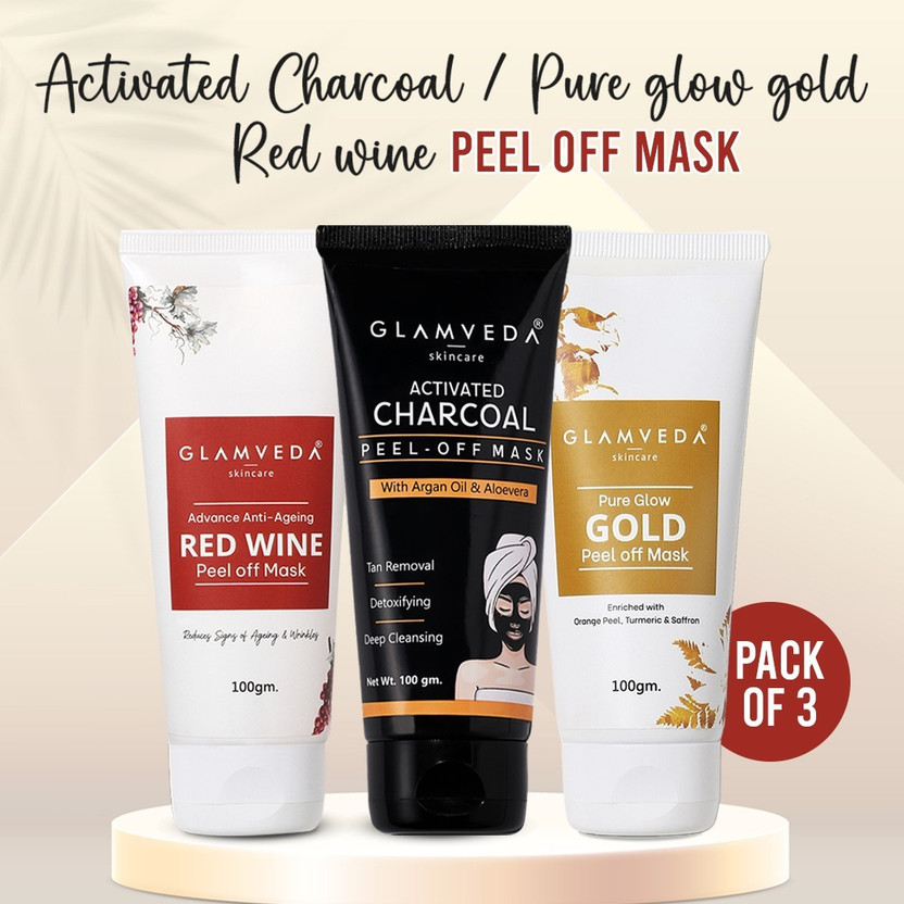 GLAMVEDA Activate Charcoal , Red Wine , Pure Glow Gold Peel Off Mask ( pack Of 3 )(300 g)
