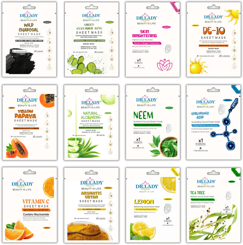 DR.LADY Facial sheet Mask for Brightening Skin for Women and Men Combo Pack of 12(57 ml)