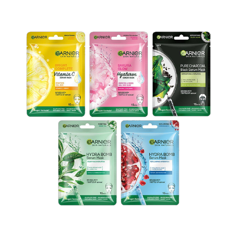 GARNIER Sheet Mask Pack Of 5 (Vit C +Sakura+Charcoal+Hydra+Green Tea) PO5(140 g)