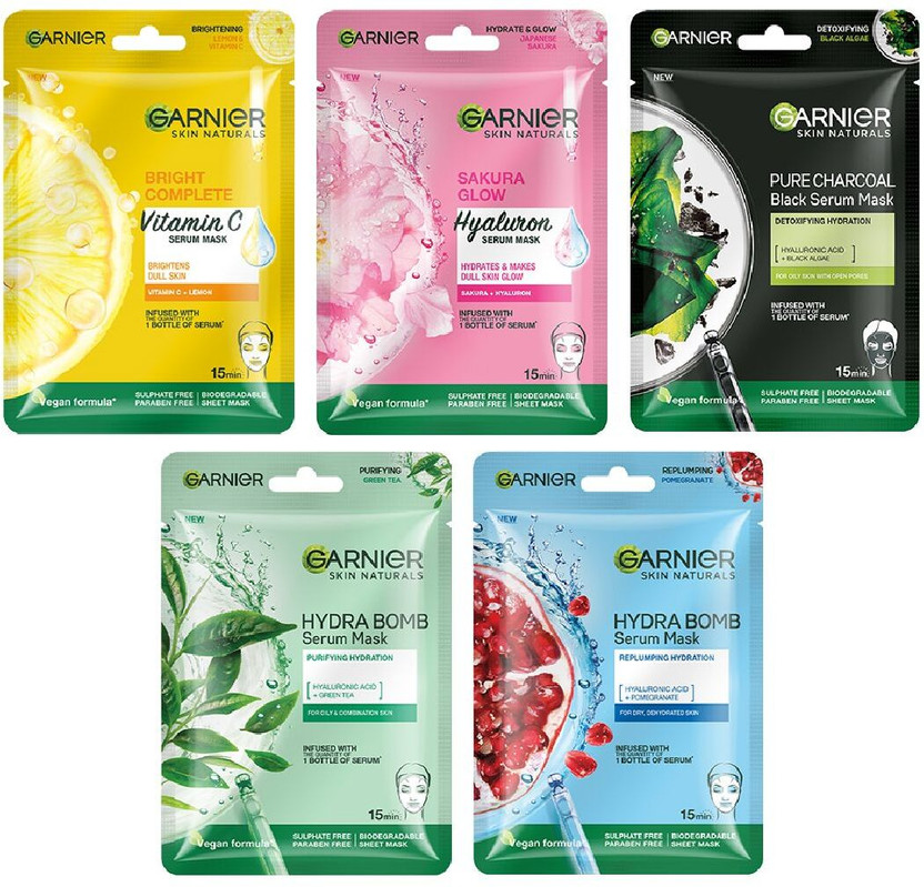 GARNIER Sheet Mask Pack Of 5 (Vit C +Sakura+Charcoal+Hydra+Green Tea) PO5(140 g)