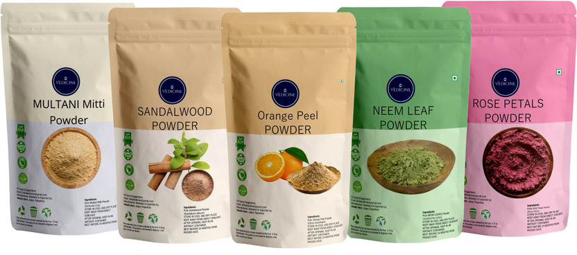 VEDICINE Combo of- Multani Mitti Sandalwood (Chandan) Orange Peel Neem Leaf Rose Petals Powder for Face and Skin (50gm each)(250 g)
