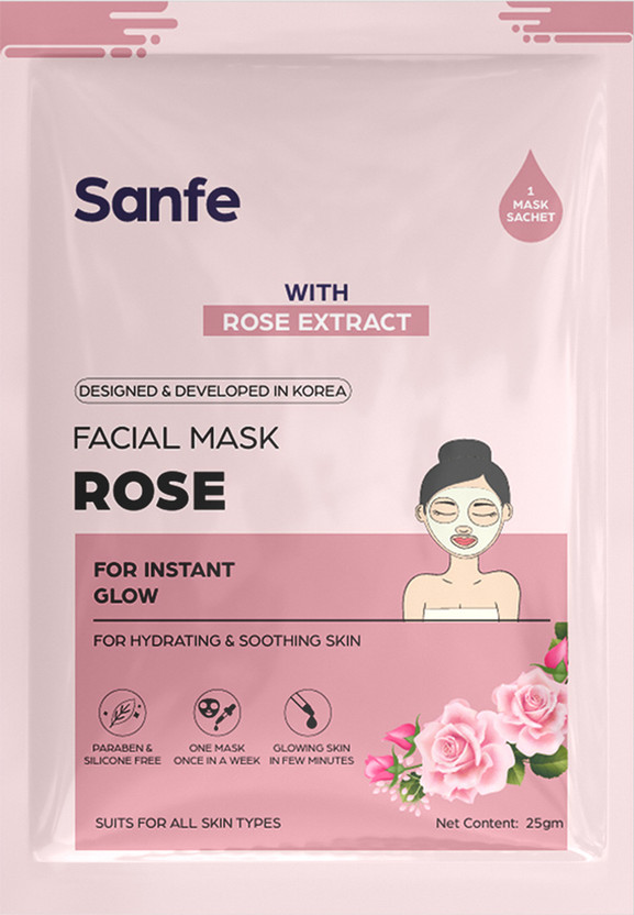 Sanfe Instant Glow Rose Facial Mask 100% fruit extracts, Korean Mask | 1pc(25 g)