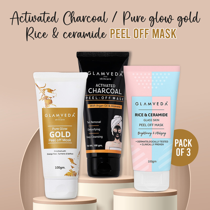 GLAMVEDA GLAMVEDA Activate Charcoal,Rice & Ceramide,Pure Glow Gold Peel Off Mask (pack Of 3)(300 g) - Flipkart Deal