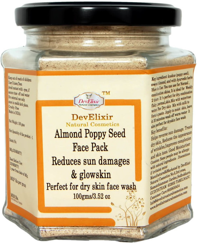 DevElixir Natural Cosmetics Almond Poppy Seed Face Pack/ dry, flaky face wash ubtan/sun defense & glow skin(100 g)