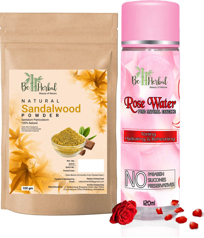 BE HERBAL Sandalwood powder 100gm+Rose water 120ml combo Face & Skin Glow &100% Natural(220 g)