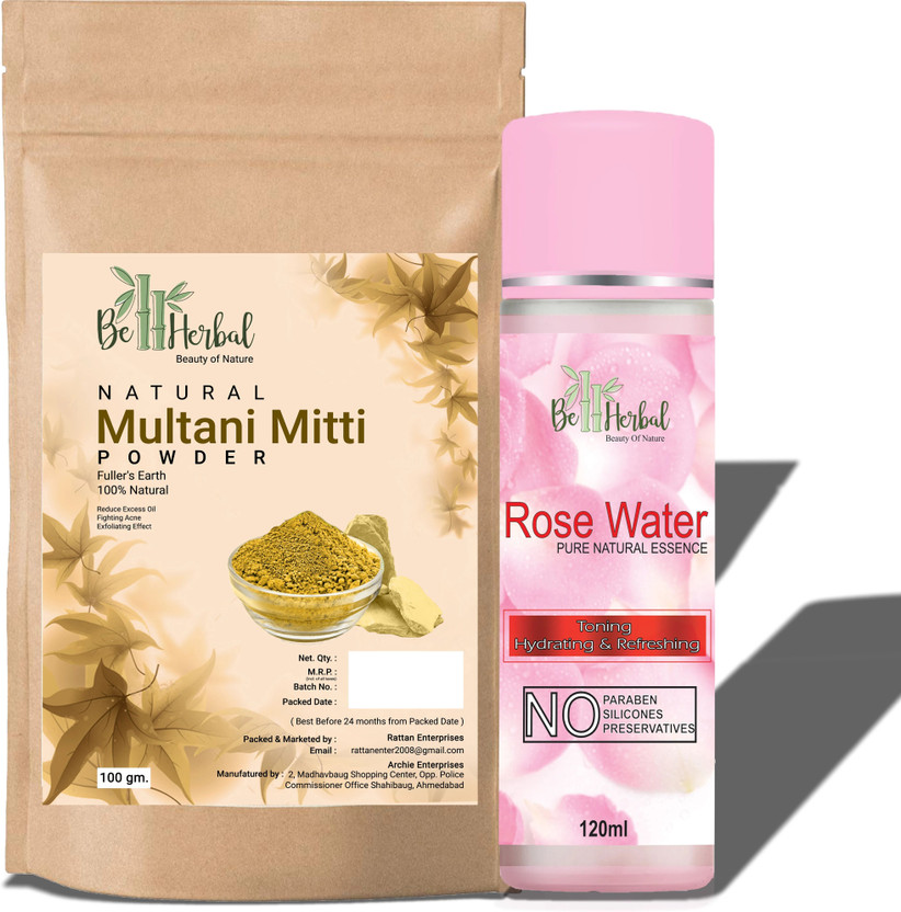 BE HERBAL Multani mitti powder 100gm+Rose water 120ml combo Face & Skin Glow &100% Natural(220 g)