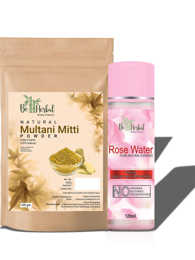 BE HERBAL Multani mitti powder 100gm+Rose water 120ml combo Face & Skin Glow &100% Natural(220 g)