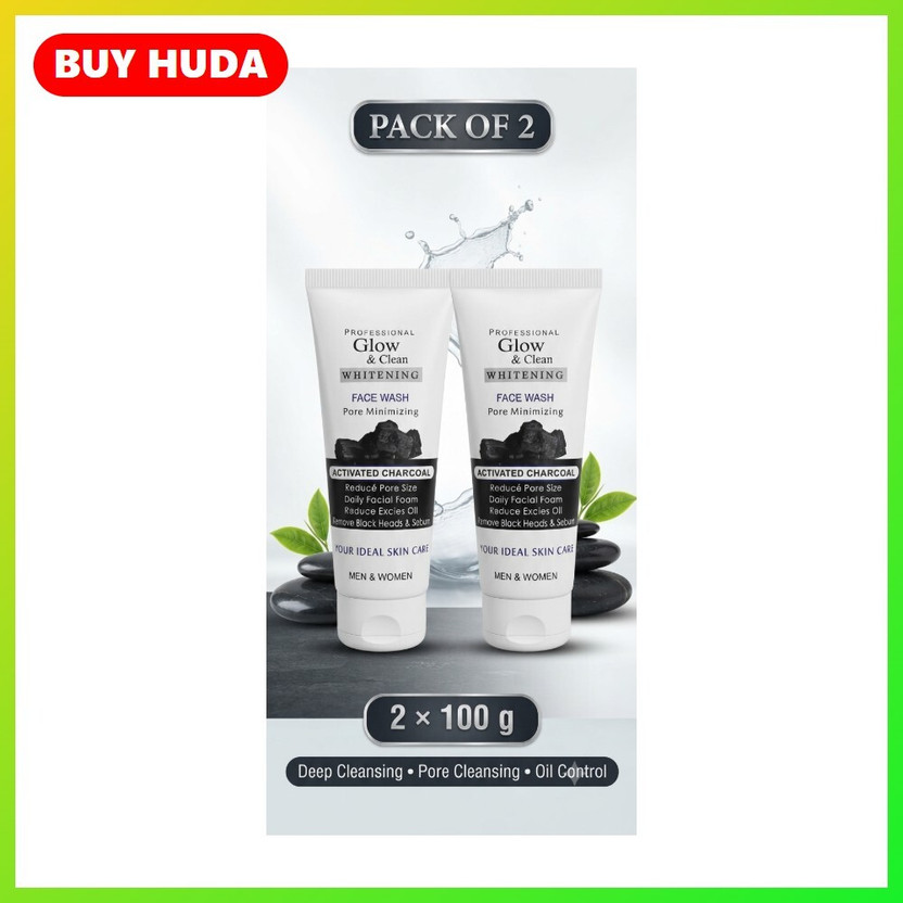 BUY HUDA Glow & Clean Activated Charcoal Facial Cleanser Men Women 100g x 2 Face Wash(200 ml)