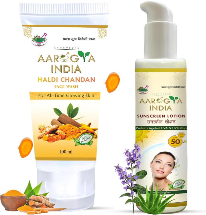 Aarogya India Natural haldi Chandan Facewash + SPF50 Sunscreen body Lotion for all skin man and Woman Skin brightening Combo Face Wash(200 ml)