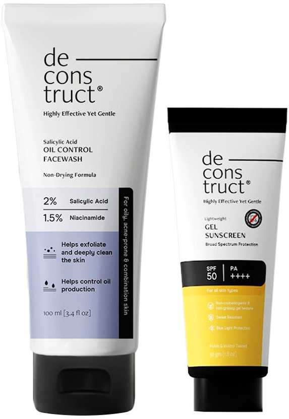 deconstruct Oily Skin Essentials: Salicylic Oil Control Cleanser & SPF 50 Gel Sunscreen Face Wash(150 ml)