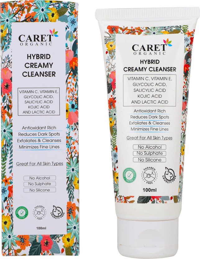 Caret Organic Hybrid Creamy Cleanser With Vitamin C, E, Glycolic Acid, Salicylic, Kojic Acid - No Sulphate, Paraben, Alcohol Or Silicone Face Wash(100 ml)