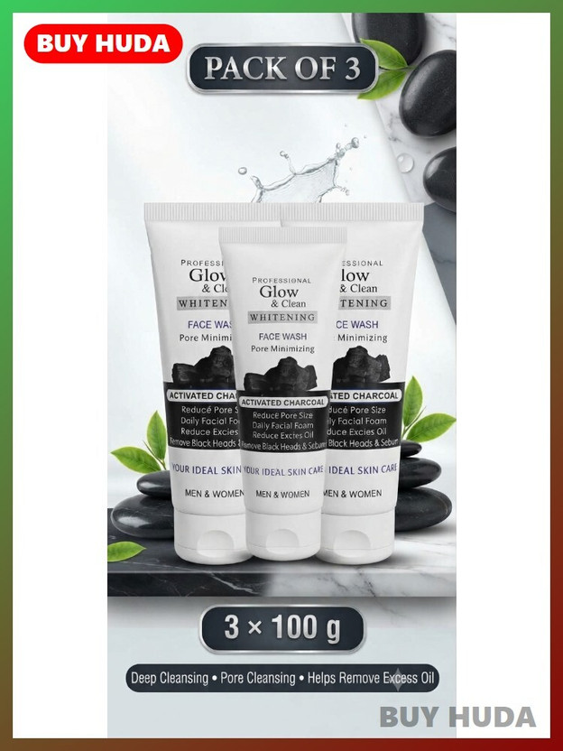 BUY HUDA Glow & Clean Whitening Charcoal Face Cleanser Daily Use 100g Pack of 3 Face Wash(300 g)