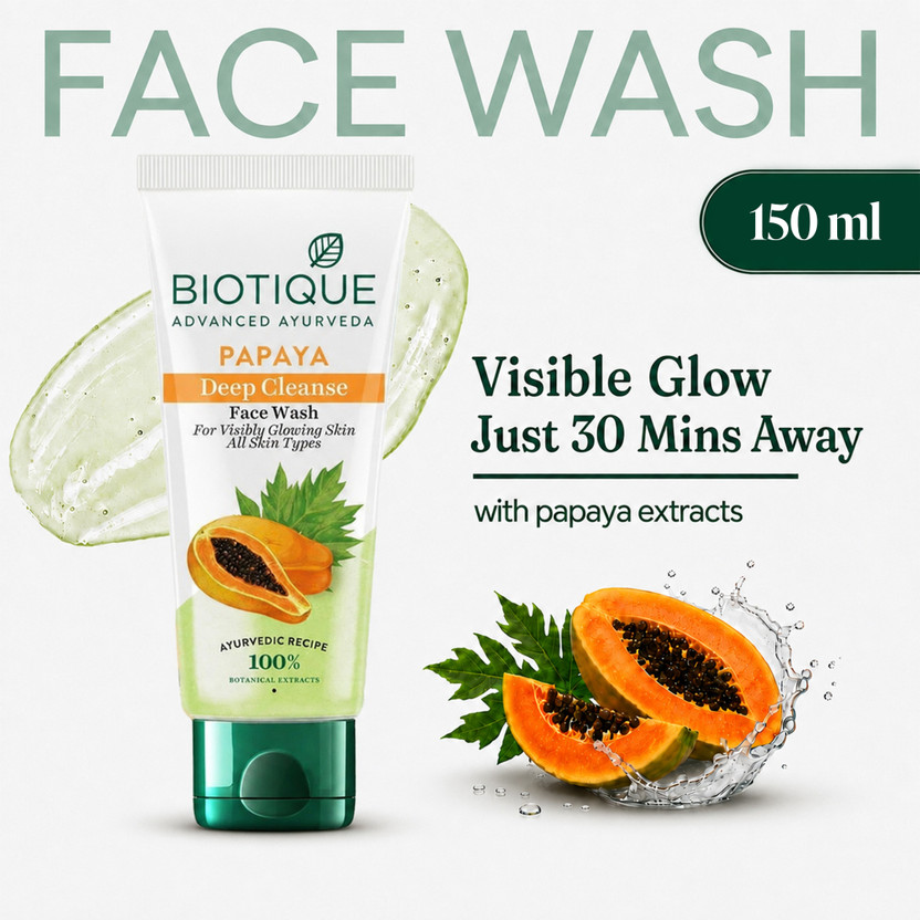 BIOTIQUE Papaya Deep Cleanse  | Gentle Exfoliation | Visibly Glowing Skin | 100% Botanical Extracts| Suitable for All Skin Types | 150ml Face Wash(150 ml)