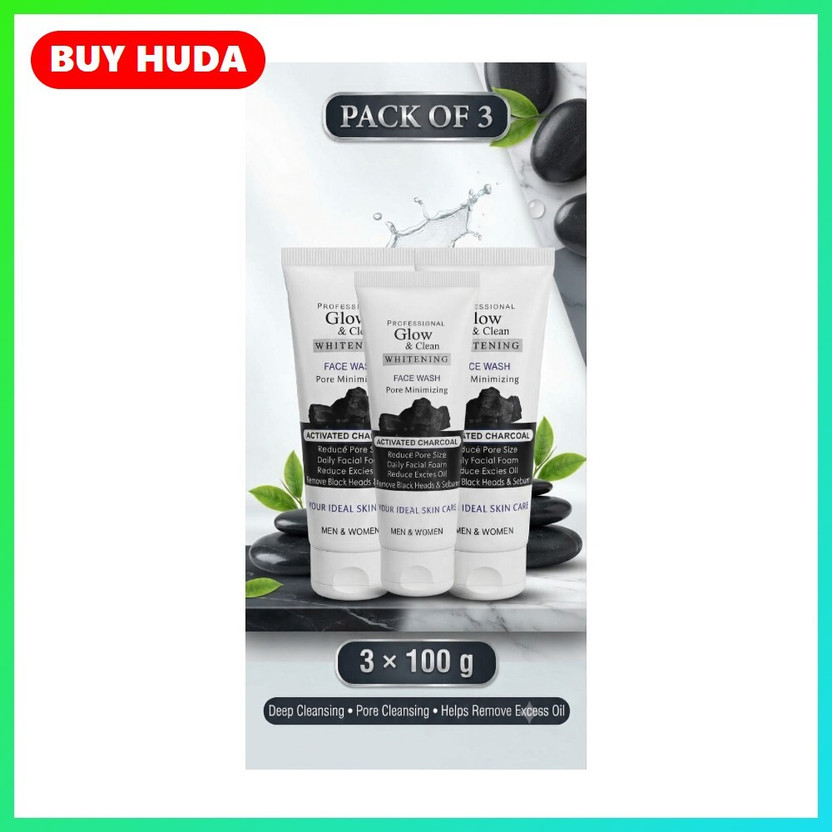 BUY BUY HUDA Glow & Clean Charcoal  100g Triple Pack for Men & Women Face Wash(300 ml) - Flipkart Deal