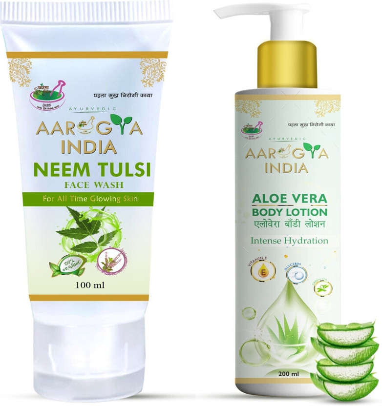 Aarogya India Ayurvedic Neem tulsi Facewash + Aloevera body Lotion for all skin type man and woman Tan removal & Skin brightening Combo Face Wash(300 ml)