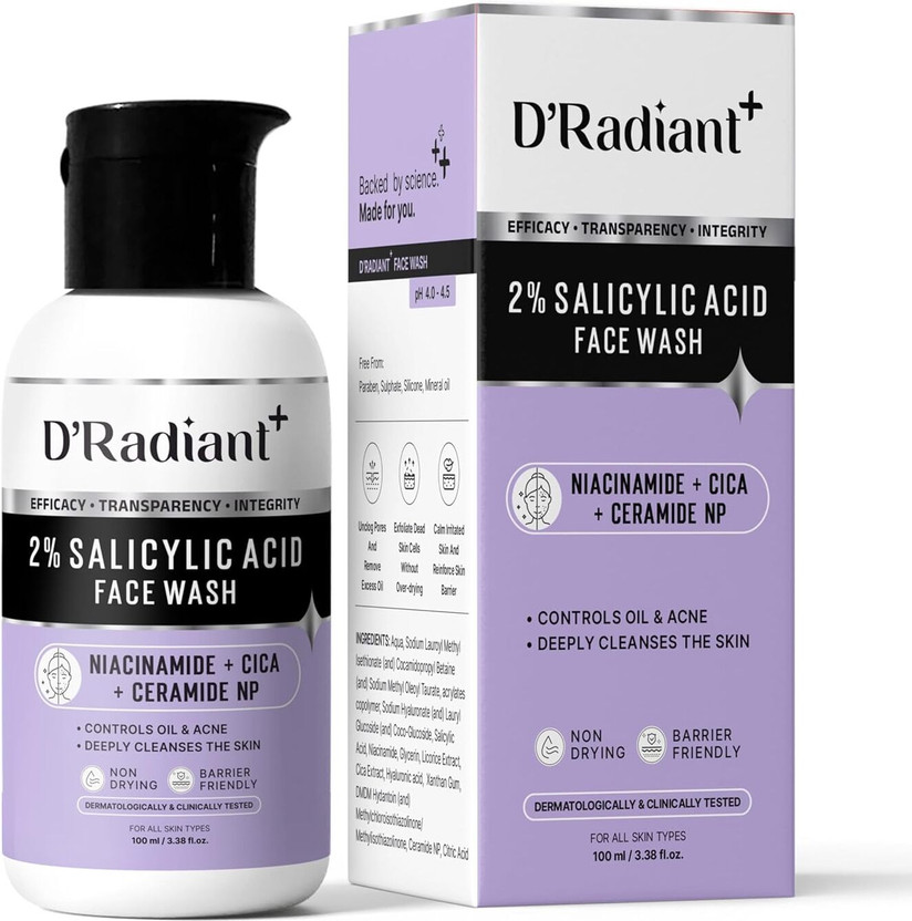 Flipkart D’Radiant+ 2% Salicylic Acid  | Anti-Acne & Oil Control | Niacinamide + Cica Face Wash(100 ml) - Flipkart Deal