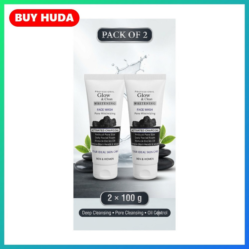BUY HUDA Glow & Clean Charcoal Face Cleanser for Daily Skin Cleansing 100g Pack of 2 Face Wash(200 ml)