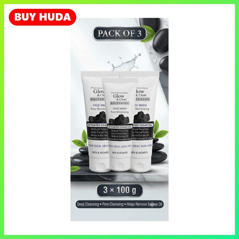 BUY BUY HUDA Glow & Clean Charcoal Face Cleanser 100g Pack of 3 for Men & Women Face Wash(300 ml) - Flipkart Deal
