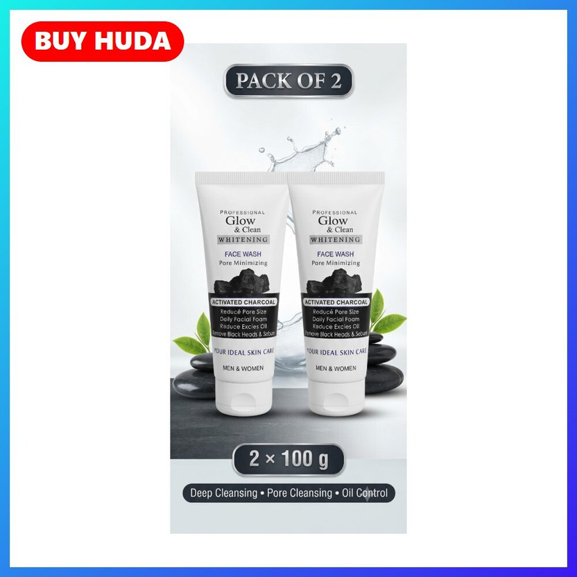 BUY HUDA Glow & Clean Charcoal Facial Wash for Clean Fresh Face 100g Pack of 2 Face Wash(200 ml)