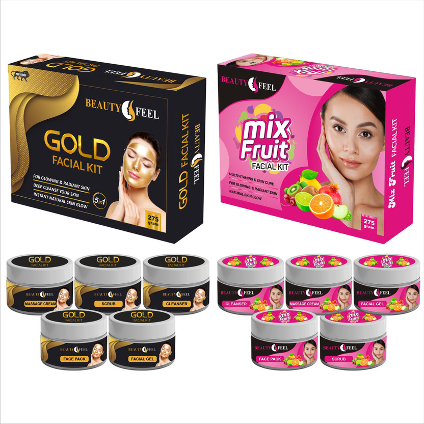 Professional Beauty Feel Gold + Vitamin Fruit Facial Kit, Easy Use & Instant Result[Set of 5](2 x 275 ml)