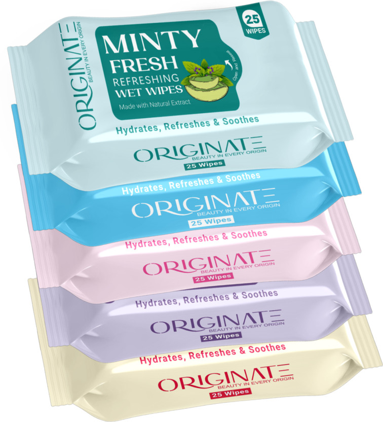 ORIGINATE Assorted Refreshing Wet Wipes for Easy Makeup & Excess Oil Removal - Pack of 5(125 Tissues)