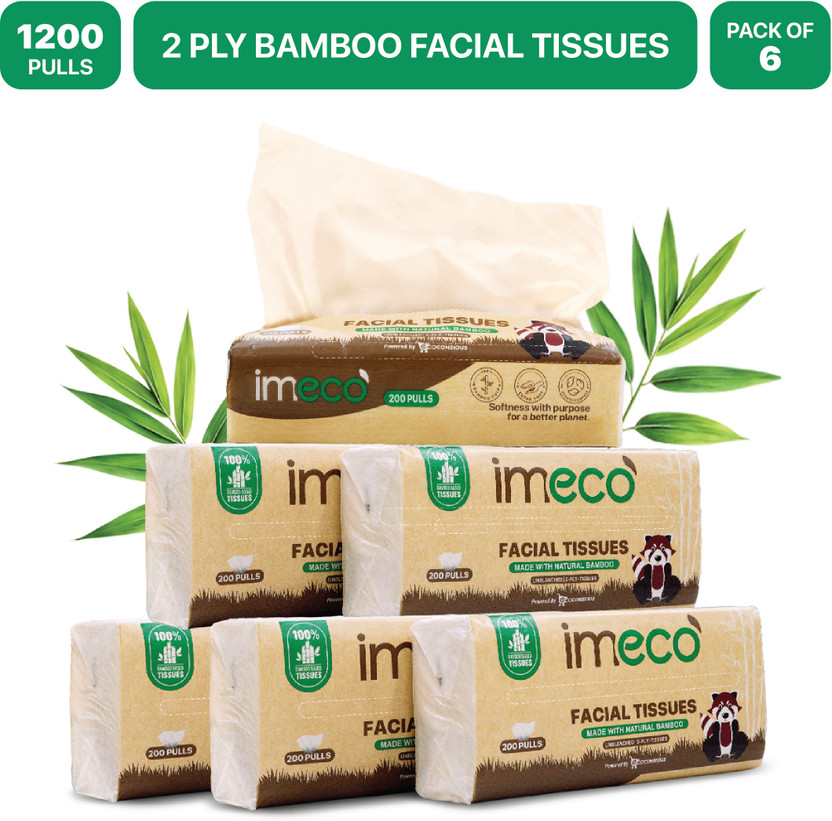 IMECO Bamboo Facial Tissues Papers 200 Pulls | 2 Ply | Ultra-Soft & Biodegradable(1200 Tissues)