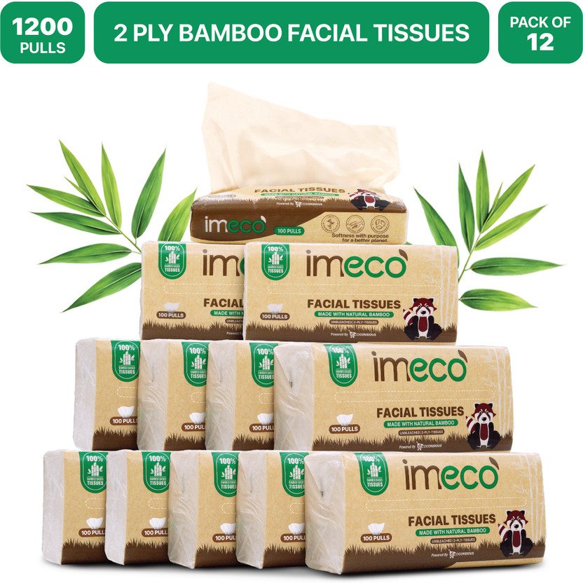 IMECO Bamboo Facial Tissues Papers 100 Pulls | 2 Ply | Ultra-Soft & Biodegradable(600 Tissues)