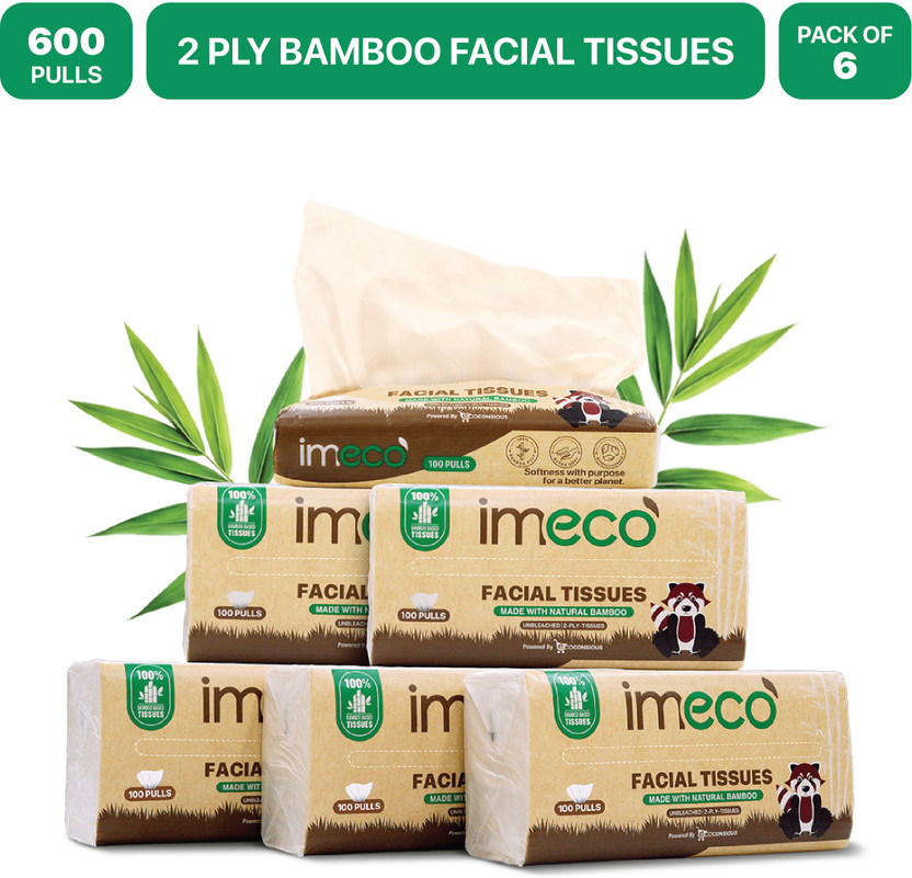 IMECO Bamboo Facial Tissues Papers 100 Pulls | 2 Ply | Ultra-Soft & Biodegradable(600 Tissues)