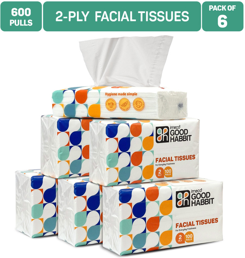 IMECO Good Habbit 2 Ply Facial Tissue | Soft & Absorbent Tissues | 100 Pulls Per Pack(600 Tissues)